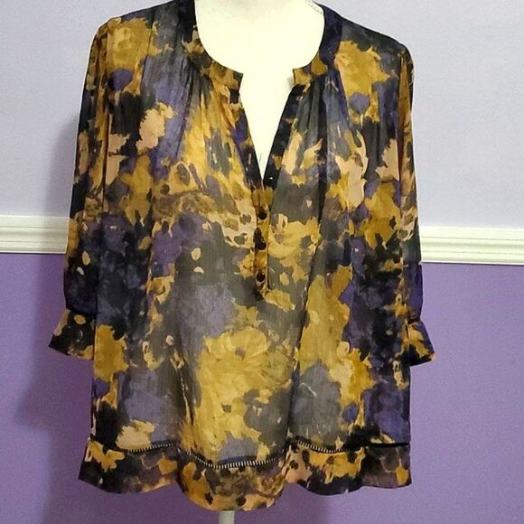 UO Staring at the Stars Boho Brown Smokey Abstrsct Pleated Cuffed Sleeves Top - Picture 1 of 13